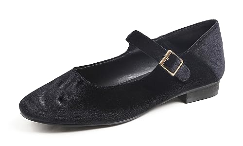 Feversole Damen Weiches Kissen Extra Gepolstert Komfort Quadratischer Zehe Mary Jane Metallschnalle Mode Ballerinas Wanderschuhe, Schwarze Mary Jane,38 von Feversole