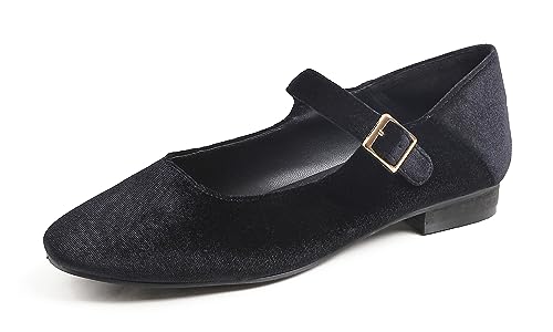 Feversole Damen Weiches Kissen Extra Gepolstert Komfort Quadratischer Zehe Mary Jane Metallschnalle Mode Ballerinas Wanderschuhe, Schwarze Mary Jane,39 von Feversole