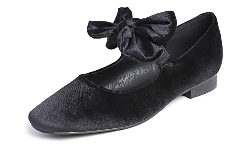 Feversole Damen Weiches Kissen Extra Gepolstert Komfort Quadratischer Zehe Mary Jane Metallschnalle Mode Ballerinas Wanderschuhe, Schwarze Niedliche Schleife,39 von Feversole