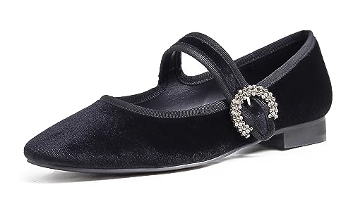 Feversole Damen Weiches Kissen Extra Gepolstert Komfort Quadratischer Zehe Mary Jane Metallschnalle Mode Ballerinas Wanderschuhe, Schwarze Samt Strass Schnalle,37 von Feversole