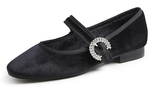 Feversole Damen Weiches Kissen Extra Gepolstert Komfort Quadratischer Zehe Mary Jane Metallschnalle Mode Ballerinas Wanderschuhe, Schwarze Samt gefüttert Strass Schnalle,37 von Feversole