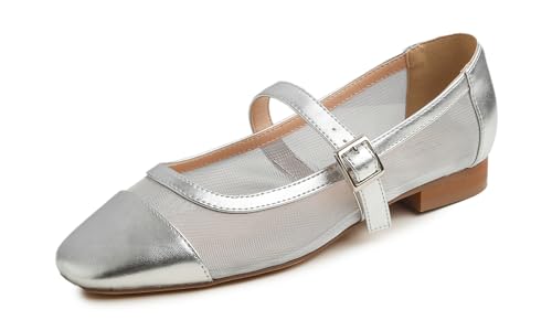 Feversole Damen Weiches Kissen Extra Gepolstert Komfort Quadratischer Zehe Mary Jane Metallschnalle Mode Ballerinas Wanderschuhe, Silber Masche Mary Jane,38 von Feversole