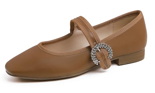 Feversole Damen Weiches Kissen Extra Gepolstert Komfort Quadratischer Zehe Mary Jane Metallschnalle Mode Ballerinas Wanderschuhe Kamel 36 von Feversole