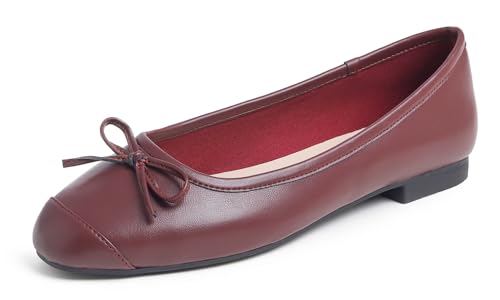 Feversole Damen Weiches Kissen Extra Gepolstert Komfort Quadratischer Zehe Mode Ballerinas Wanderschuhe Burgunderfarbene einfarbige Zehenkappe 37 EU von Feversole