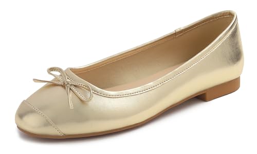 Feversole Damen Weiches Kissen Extra Gepolstert Komfort Quadratischer Zehe Mode Ballerinas Wanderschuhe Gold Einfarbige Zehenkappe 38.5 EU von Feversole