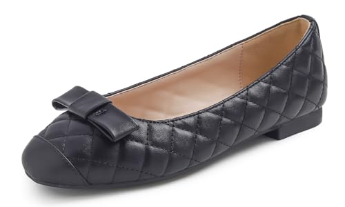 Feversole Damen Weiches Kissen Extra Gepolstert Komfort Quadratischer Zehe Mode Ballerinas Wanderschuhe Schwarz Gesteppte Zehenkappe 41 EU von Feversole