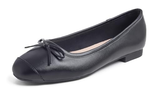 Feversole Damen Weiches Kissen Extra Gepolstert Komfort Quadratischer Zehe Mode Ballerinas Wanderschuhe Schwarze einfarbige Zehenkappe 36 EU von Feversole