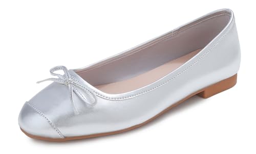 Feversole Damen Weiches Kissen Extra Gepolstert Komfort Quadratischer Zehe Mode Ballerinas Wanderschuhe Silberne Zehenkappe 40 EU von Feversole