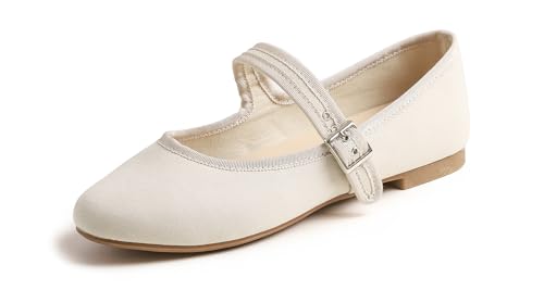 Feversole Damen Weiches Kissen Extra Gepolstert Komfort Runde Zehe Mary Jane Metallschnalle Mode Ballerinas Wanderschuhe, Beige Leinwand Mary Jane, 36 von Feversole