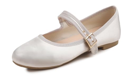 Feversole Damen Weiches Kissen Extra Gepolstert Komfort Runde Zehe Mary Jane Metallschnalle Mode Ballerinas Wanderschuhe, Beige Satin Mary Jane, 38.5 von Feversole