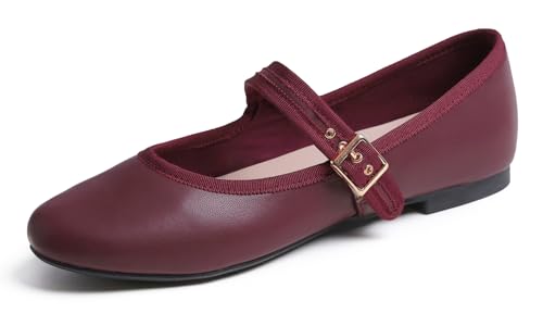 Feversole Damen Weiches Kissen Extra Gepolstert Komfort Runde Zehe Mary Jane Metallschnalle Mode Ballerinas Wanderschuhe, Burgunderrot Mary Jane, 39 von Feversole