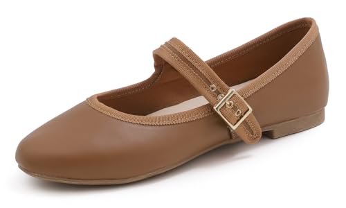 Feversole Damen Weiches Kissen Extra Gepolstert Komfort Runde Zehe Mary Jane Metallschnalle Mode Ballerinas Wanderschuhe, Kamel Mary Jane, 40 von Feversole