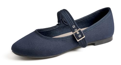 Feversole Damen Weiches Kissen Extra Gepolstert Komfort Runde Zehe Mary Jane Metallschnalle Mode Ballerinas Wanderschuhe, Marine Leinwand Mary Jane, 42 von Feversole