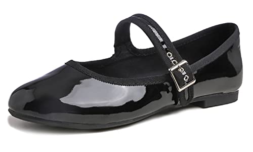 Feversole Damen Weiches Kissen Extra Gepolstert Komfort Runde Zehe Mary Jane Metallschnalle Mode Ballerinas Wanderschuhe, Mary Jane, Lackleder, Schwarz, 38 von Feversole