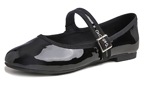Feversole Damen Weiches Kissen Extra Gepolstert Komfort Runde Zehe Mary Jane Metallschnalle Mode Ballerinas Wanderschuhe, Mary Jane, Lackleder, Schwarz, 41 von Feversole