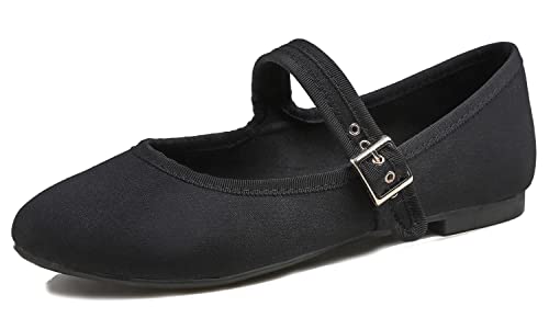 Feversole Damen Weiches Kissen Extra Gepolstert Komfort Runde Zehe Mary Jane Metallschnalle Mode Ballerinas Wanderschuhe, Schwarze Leinwand Mary Jane, 36 von Feversole