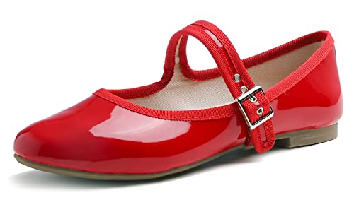 Feversole Damen Weiches Kissen Extra Gepolstert Komfort Runde Zehe Mary Jane Metallschnalle Mode Ballerinas Wanderschuhe, Rot Leinwand Mary Jane 37 von Feversole