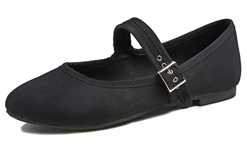 Feversole Damen Weiches Kissen Extra Gepolstert Komfort Runde Zehe Mary Jane Metallschnalle Mode Ballerinas Wanderschuhe, Schwarze Leinwand Mary Jane, 38 von Feversole