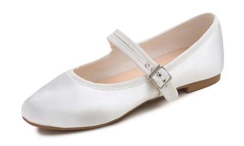 Feversole Damen Weiches Kissen Extra Gepolstert Komfort Runde Zehe Mary Jane Metallschnalle Mode Ballerinas Wanderschuhe, Weiß Satin Mary Jane, 37.5 von Feversole