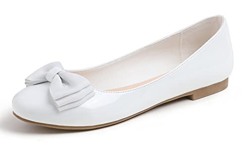 Feversole Damenmode, runder Zehenbereich, Ballett, flach, Elastische，Süße Schleife Weiß EU 38 von Feversole