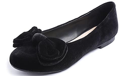 Feversole Damenmode, runder Zehenbereich, Ballett, flach, Flauschiger Samt，Süße Schleife Samt Schwarz 41 EU von Feversole