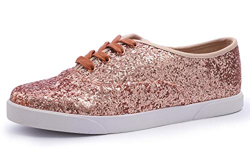 Feversole Damenmode Kleid Sneakers Party Bling Casual Flats Embellished Shoes, Schnürschuhe, rotgoldfarben, glitzernd von Feversole