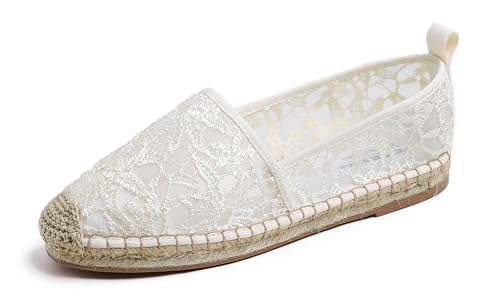 Feversole Espadrilles für Damen & Herren Freizeitschuhe Flache-Schuhe Leinenschuhe Sneaker Damen-Slip-On Elfenbein mit Spitze Mesh Jute 36 EU von Feversole