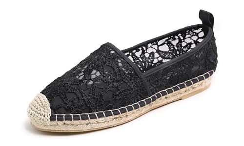 Feversole Espadrilles für Damen & Herren Freizeitschuhe Flache-Schuhe Leinenschuhe Sneaker Damen-Slip-On Schwarz mit Spitze Mesh Jute 38.5 EU von Feversole