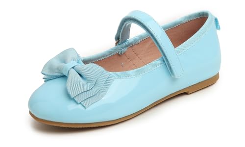 Feversole Girls Cute Dress, Mädchen süßes Kleid Mary Jane Schuhe weiche Party Urlaub Ballerinas Fliege Blau Veganes Lackleder Größe 31 EU von Feversole