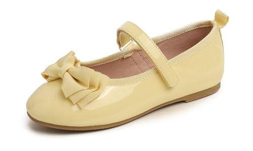 Feversole Girls Cute Dress, Mädchen süßes Kleid Mary Jane Schuhe weiche Party Urlaub Ballerinas Fliege Gelb Veganes Lackleder Größe 32 EU von Feversole