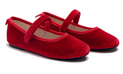 Feversole Girls Cute Dress, Mädchen süßes Kleid Mary Jane Schuhe weiche Party Urlaub Ballerinas Rot Samt Größe 35 EU von Feversole