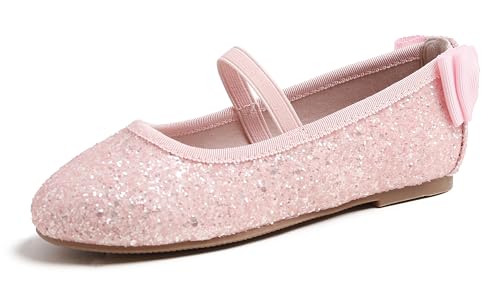 Feversole Girls Cute Dress, Mädchen süßes Kleid Mary Jane Schuhe weiche Party Urlaub Ballerinas Runde Spitze Stretchy,Blassrosa Glitzer-Gummiband-Absatzschleife Größe 32 EU von Feversole