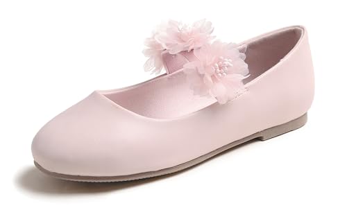 Feversole Girls Cute Dress, Mädchen süßes Kleid Mary Jane Schuhe weiche Party Urlaub Ballerinas Runde Spitze Stretchy,Floral Elastic Blassrosa Vegan Leder Größe 32 EU von Feversole