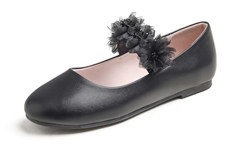 Feversole Girls Cute Dress, Mädchen süßes Kleid Mary Jane Schuhe weiche Party Urlaub Ballerinas Runde Spitze Stretchy,Floral Elastic Schwarz Vegan Leder Größe 30 EU von Feversole