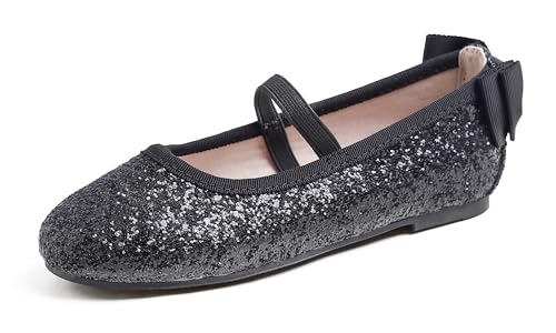 Feversole Girls Cute Dress, Mädchen süßes Kleid Mary Jane Schuhe weiche Party Urlaub Ballerinas Runde Spitze Stretchy,Schwarze Glitzer-Gummiband-Absatzschleife Größe 31 EU von Feversole