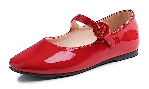 Feversole Girls Cute Dress, Mädchen süßes Kleid Mary Jane Schuhe weiche Party Urlaub Ballerinas Runde Spitze Stretchy,Synthetik Patent Schnalle Rot Größe 35 EU von Feversole