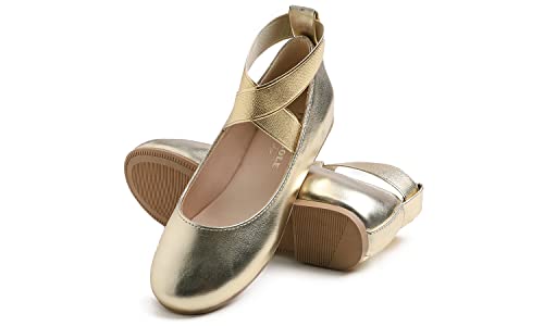Feversole Girls Cute Dress, Mädchen süßes Kleid Mary Jane Schuhe weiche Party Urlaub Ballerinas Runde Spitze Stretchy,Synthetik elastisch flach Gold Größe 31 EU von Feversole