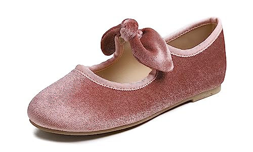 Feversole Girls Cute Dress, Mädchen süßes Kleid Mary Jane Schuhe weiche Party Urlaub Ballerinas Runde Spitze Stretchy,Synthetik elastisch flach Niedliche Schleife Rosa Samt Größe 30 EU von Feversole