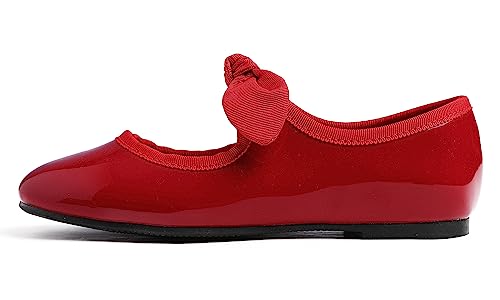 Feversole Girls Cute Dress, Mädchen süßes Kleid Mary Jane Schuhe weiche Party Urlaub Ballerinas Runde Spitze Stretchy,Synthetik elastisch flach Niedliche Schleife Rot Napa Größe 30 EU von Feversole