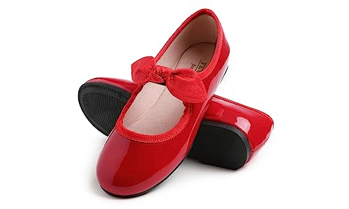Feversole Girls Cute Dress, Mädchen süßes Kleid Mary Jane Schuhe weiche Party Urlaub Ballerinas Runde Spitze Stretchy,Synthetik elastisch flach Niedliche Schleife Rot Napa Größe 34 EU von Feversole