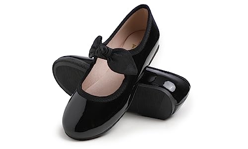 Feversole Girls Cute Dress, Mädchen süßes Kleid Mary Jane Schuhe weiche Party Urlaub Ballerinas Runde Spitze Stretchy,Synthetik elastisch flach Niedliche Schleife Schwarz Pat Größe 31 EU von Feversole