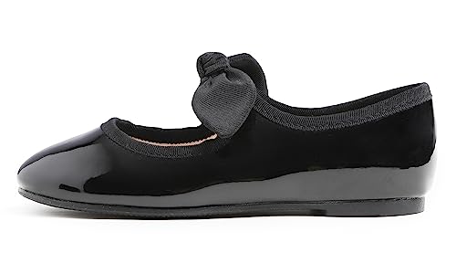 Feversole Girls Cute Dress, Mädchen süßes Kleid Mary Jane Schuhe weiche Party Urlaub Ballerinas Runde Spitze Stretchy,Synthetik elastisch flach Niedliche Schleife Schwarz Pat Größe 33 EU von Feversole