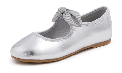 Feversole Girls Cute Dress, Mädchen süßes Kleid Mary Jane Schuhe weiche Party Urlaub Ballerinas Runde Spitze Stretchy,Synthetik elastisch flach Niedliche Schleife Silber Größe 33 EU von Feversole