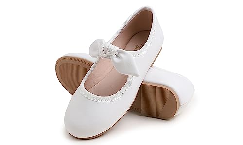 Feversole Girls Cute Dress, Mädchen süßes Kleid Mary Jane Schuhe weiche Party Urlaub Ballerinas Runde Spitze Stretchy,Synthetik elastisch flach Niedliche Schleife Weiß Napa Größe 35 EU von Feversole