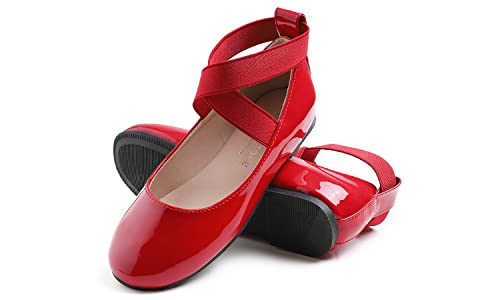 Feversole Girls Cute Dress, Mädchen süßes Kleid Mary Jane Schuhe weiche Party Urlaub Ballerinas Runde Spitze Stretchy,Synthetik elastisch flach Rot Größe 35 EU von Feversole