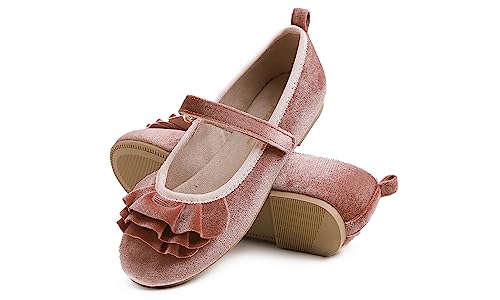Feversole Girls Cute Dress, Mädchen süßes Kleid Mary Jane Schuhe weiche Party Urlaub Ballerinas Runde Spitze Stretchy,Synthetik elastisch flach Samt Rüsche Rosaz Größe 34 EU von Feversole