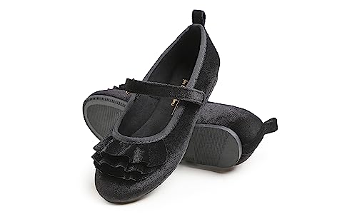 Feversole Girls Cute Dress, Mädchen süßes Kleid Mary Jane Schuhe weiche Party Urlaub Ballerinas Runde Spitze Stretchy,Synthetik elastisch flach Samt Rüsche Schwarz Größe 29 EU von Feversole