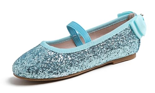 Feversole Girls Cute Dress, Mädchen süßes Kleid Mary Jane Schuhe weiche Party Urlaub Ballerinas Runde Spitze Stretchy,Türkisfarbene Glitter-Gummiband-Absatzschleife Größe 35 EU von Feversole