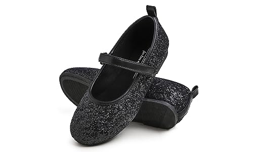 Feversole Girls Cute Dress, Mädchen süßes Kleid Mary Jane Schuhe weiche Party Urlaub Ballerinas Schwarz Funkeln Größe 30 EU von Feversole