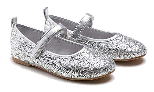 Feversole Girls Cute Dress, Mädchen süßes Kleid Mary Jane Schuhe weiche Party Urlaub Ballerinas Silber Funkeln Größe 34 EU von Feversole